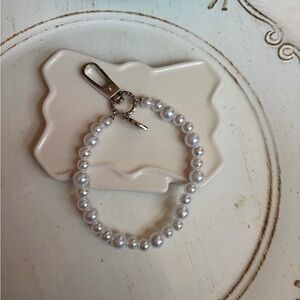 White Faux Pearl Beaded Keychain Charm with white and silver heart charm